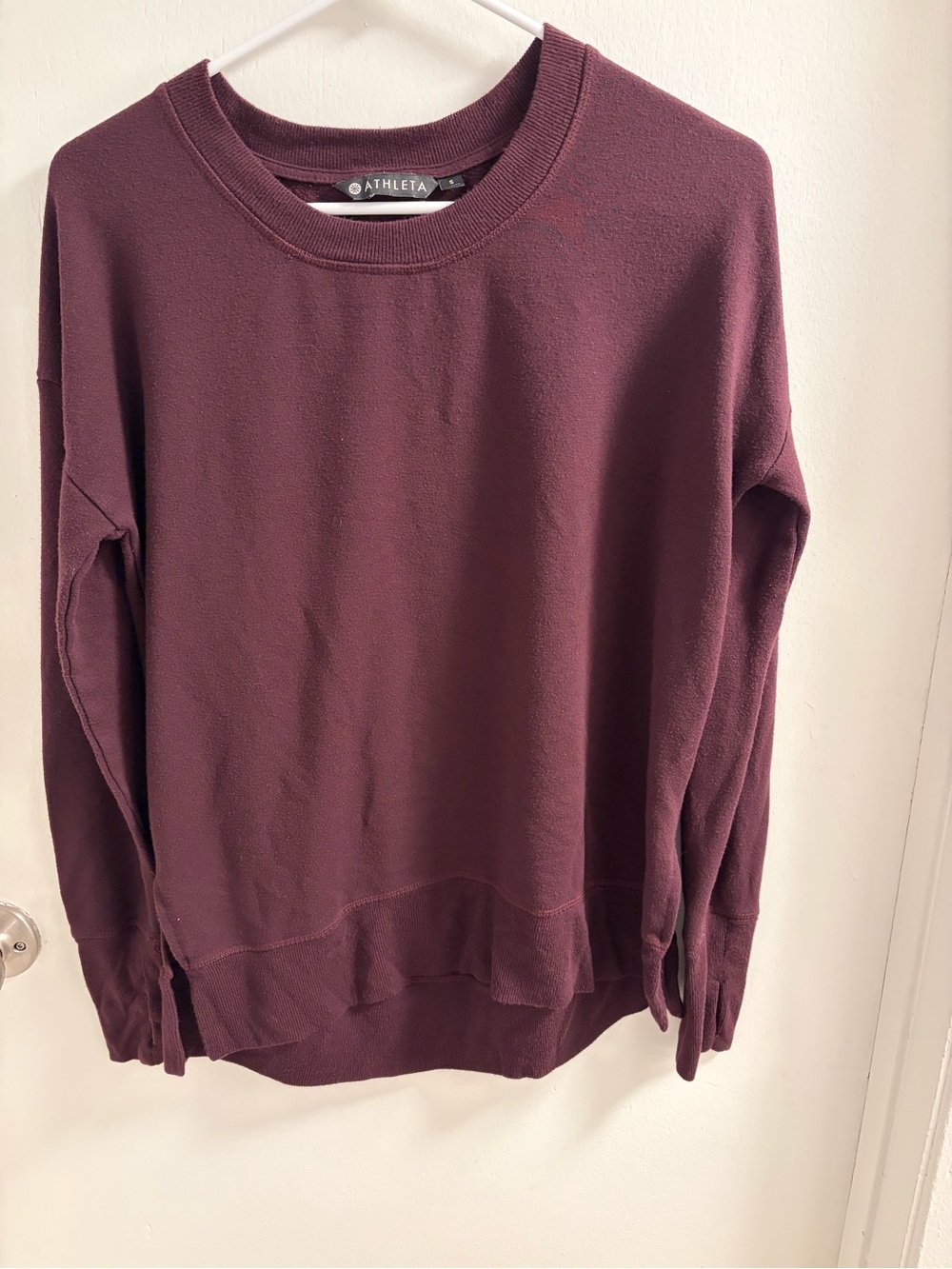 Athleta Coaster Luxe Sweatshirt Burgundy Crewneck Side Slit S